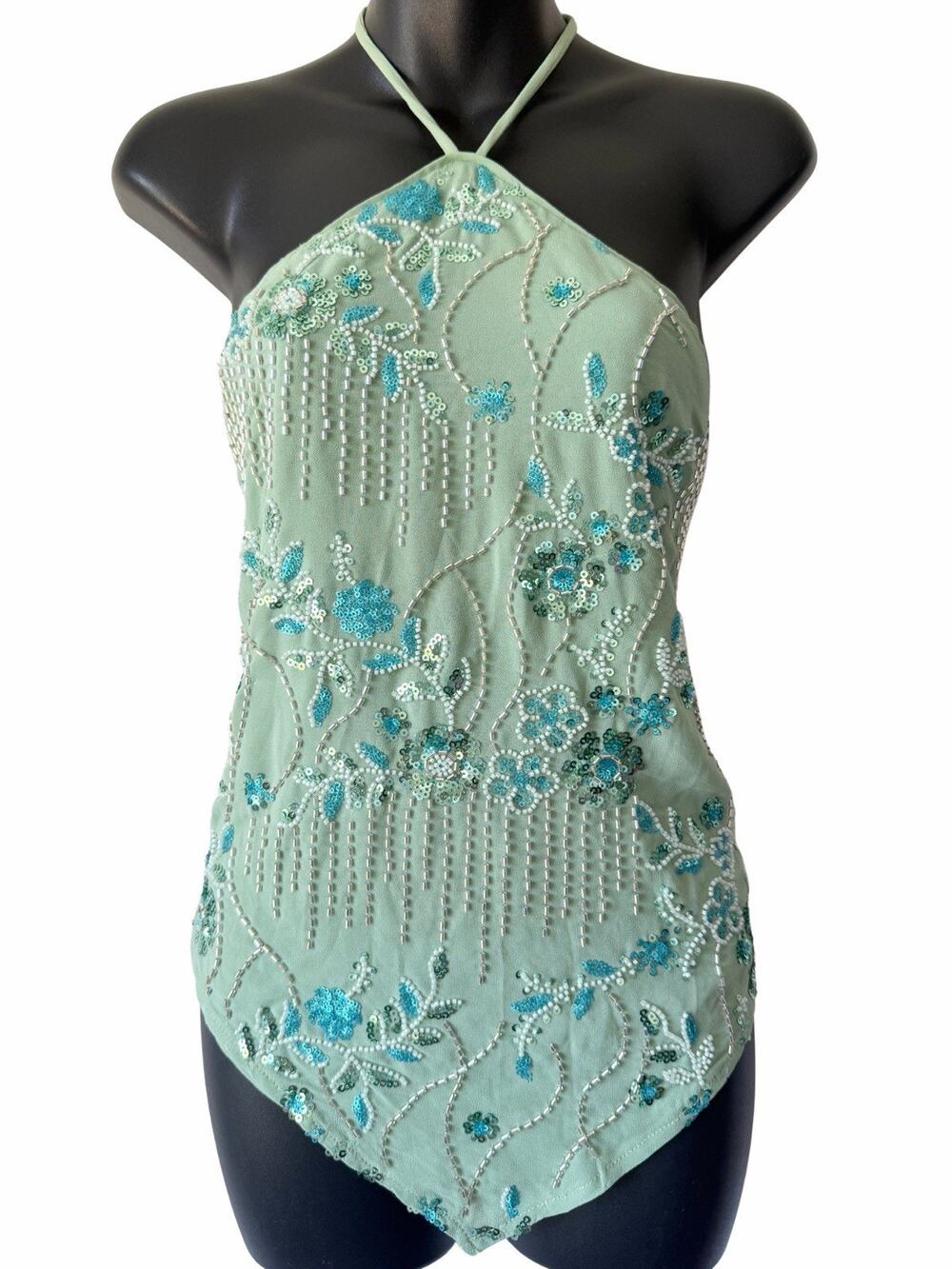 Peppermayo Beaded Jonti Halter Top Womens XL Blue Festival Boho Open Back Floral